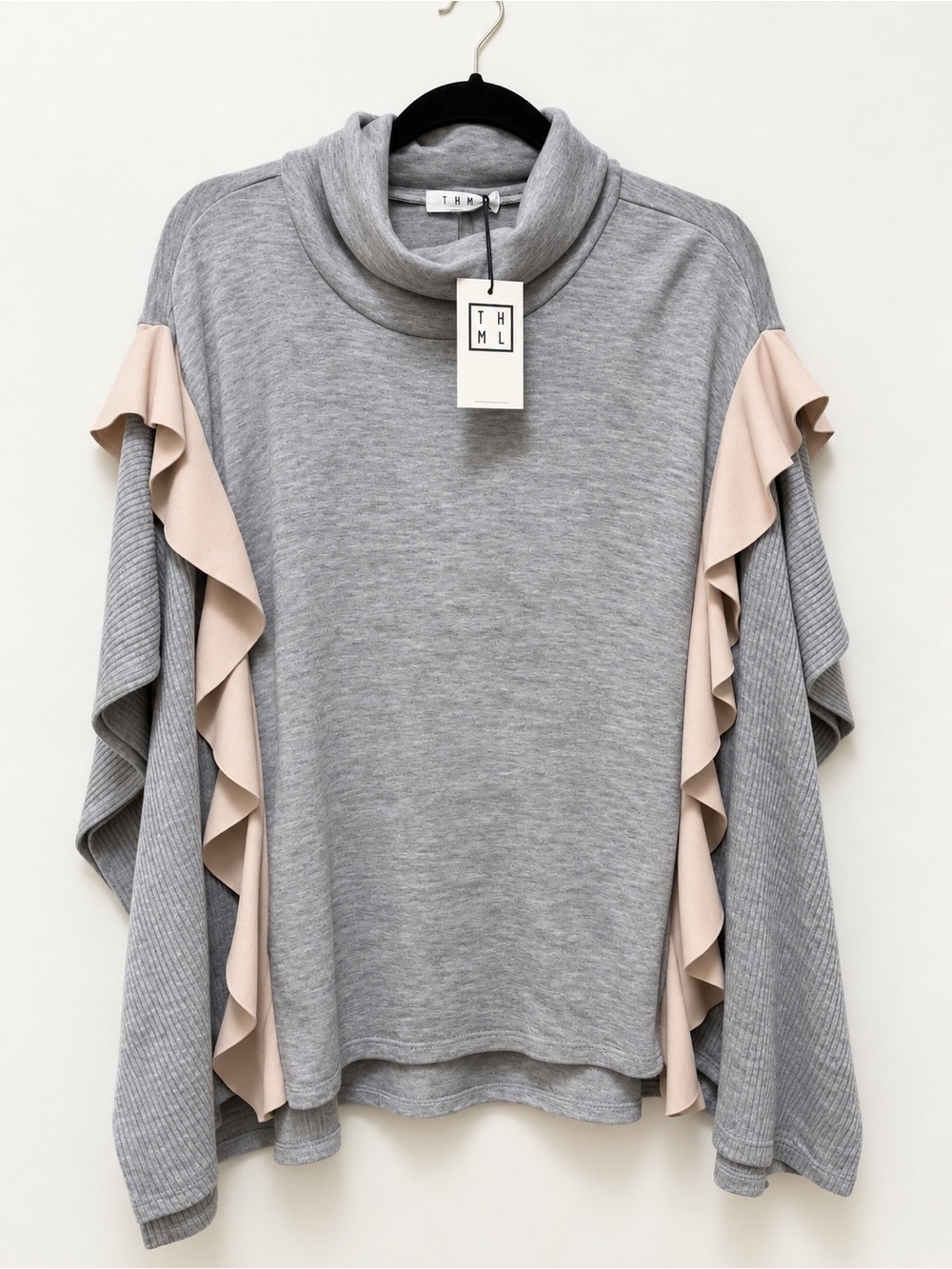 THML Gray Cowl-Neck Pullover with Blush Ruffle Sleeves